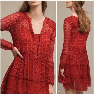 Anthropologie. Maeve. Red Printed Long-Sleeve Tiered Dress